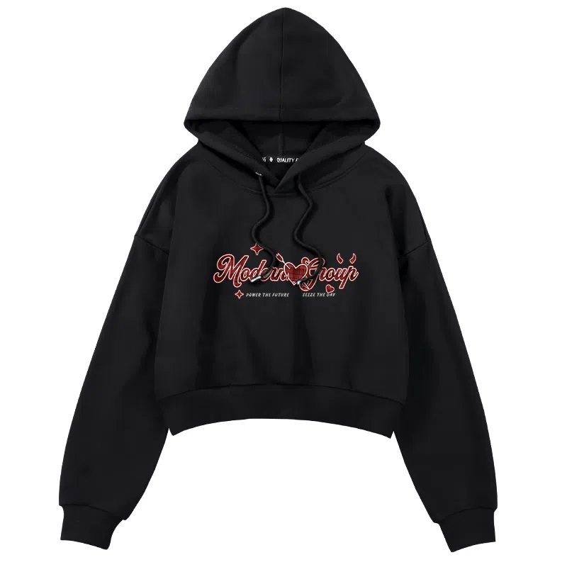 棉致 爱心格纹卡通字母印花潮流百搭时尚创意简约舒适落肩连帽短款长袖卫衣 女款