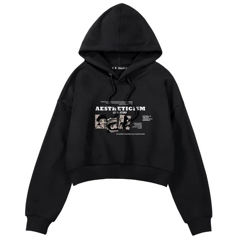 棉致 动漫字母涂鸦潮流百搭创意时尚简约舒适落肩连帽短款长袖卡通卫衣 女款