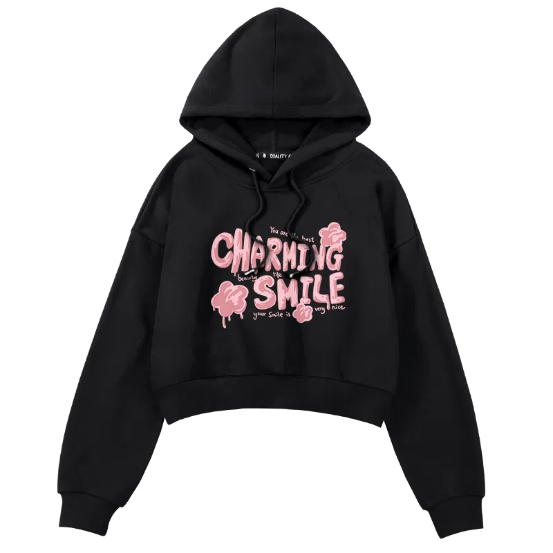 棉致 潮酷字母涂鸦时尚百搭潮流创意简约舒适落肩连帽短款长袖卡通卫衣 女款