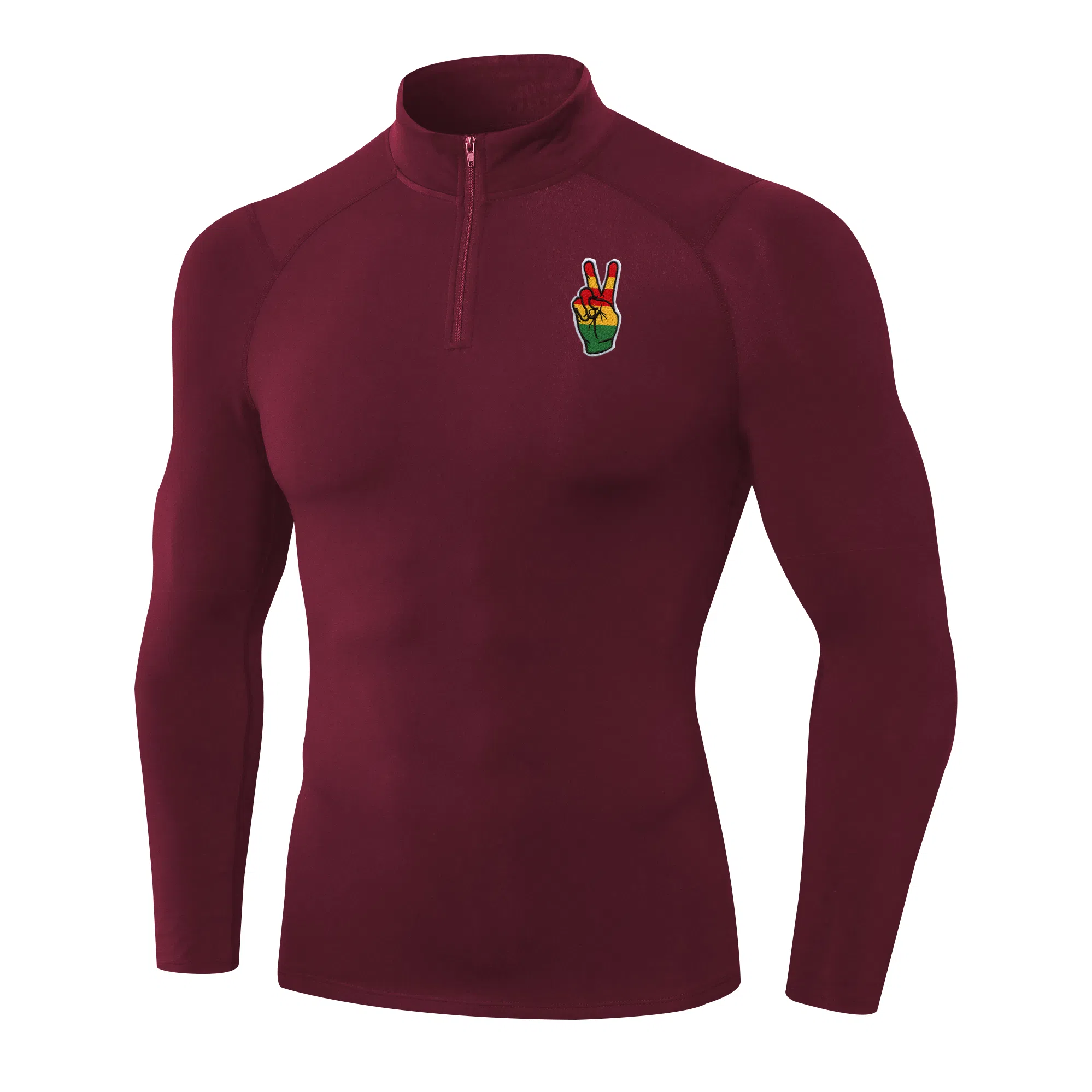 范索米 彩色独立胜利手势长袖半拉链薄毛绒高弹紧身骑行跑步健身运动立领塑身衣 男款