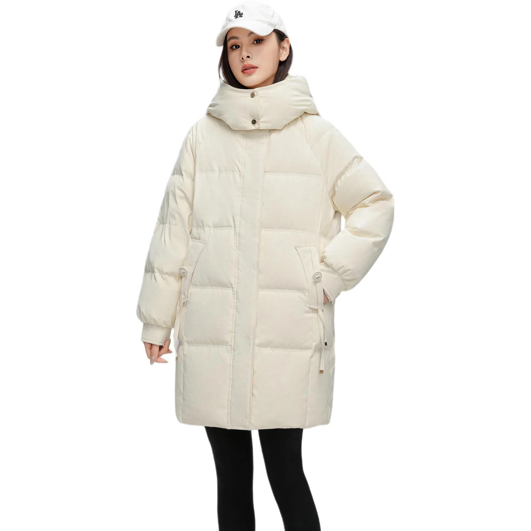 鸭鸭 纯色基础款中长款时尚百搭连帽保暖休闲宽松外套羽绒服 女款