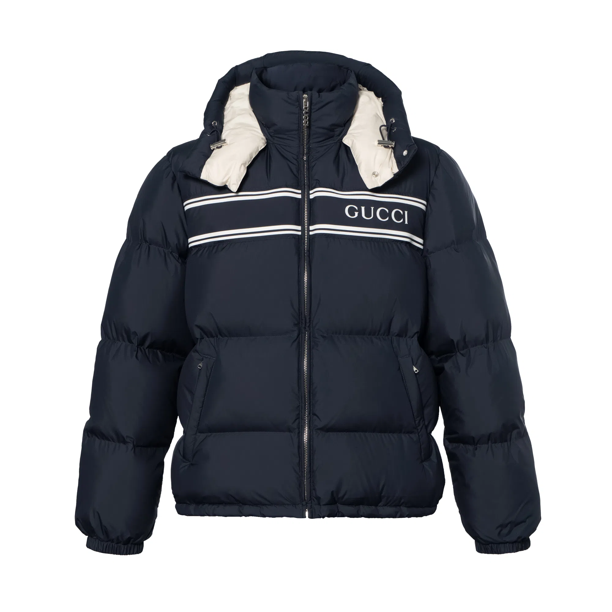 GUCCI FW24 Striped Print Detachable Hood Down Jacket Navy Blue
