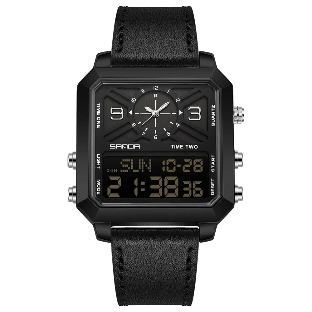 三达 时尚复古方块商务腕表 电子+石英机芯 皮带表带 国表 男表 彩色表盘