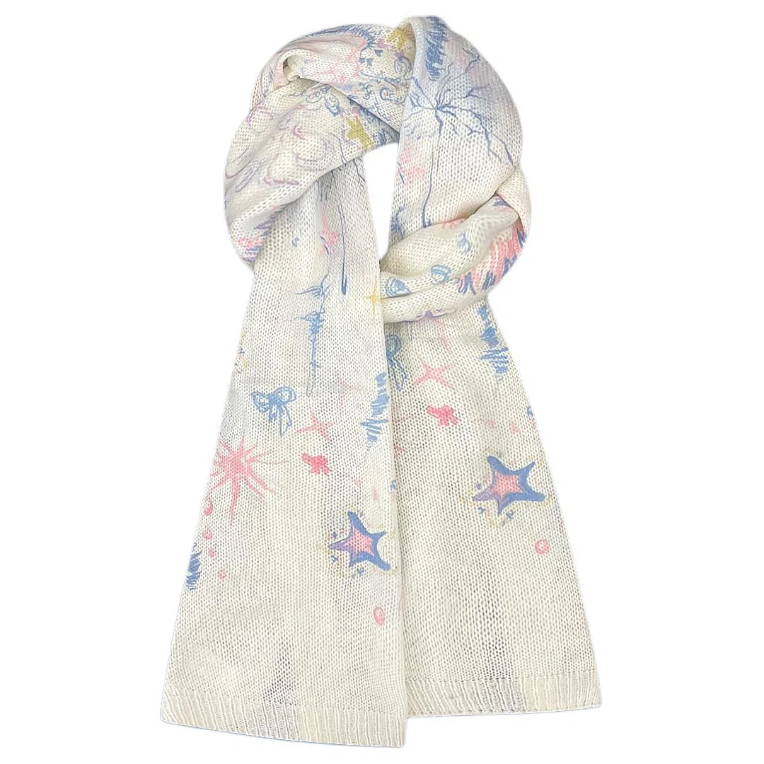 木林森 手绘插画涂鸦卡通薄款可爱毛绒百搭针织围脖 腈纶 绒线围巾 男女同款情侣款