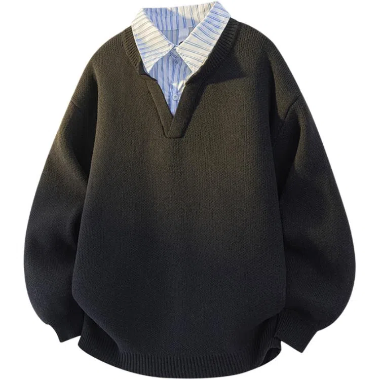 欧迪芬 港式情侣款奶黄色复古假两件衬衫立领上衣秋季毛衣女生美式宽松高街百搭休闲外套卫衣女士慵懒简约纯色显瘦潮流潮牌学生毛衣 女款