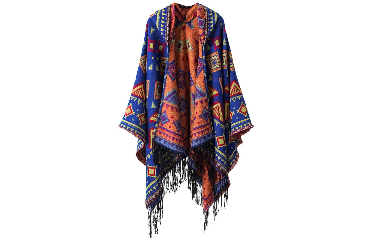 优幽兰 时尚百搭民族风带帽斗篷丽江新疆西藏大西北旅游穿搭拍照保暖披风办公室空调房外搭两用 腈纶 披肩 女款