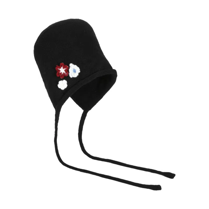 山一丸 秋冬韩版花朵针织包头帽百搭慵懒风套头显脸小系带护耳 腈纶 帽子 女款