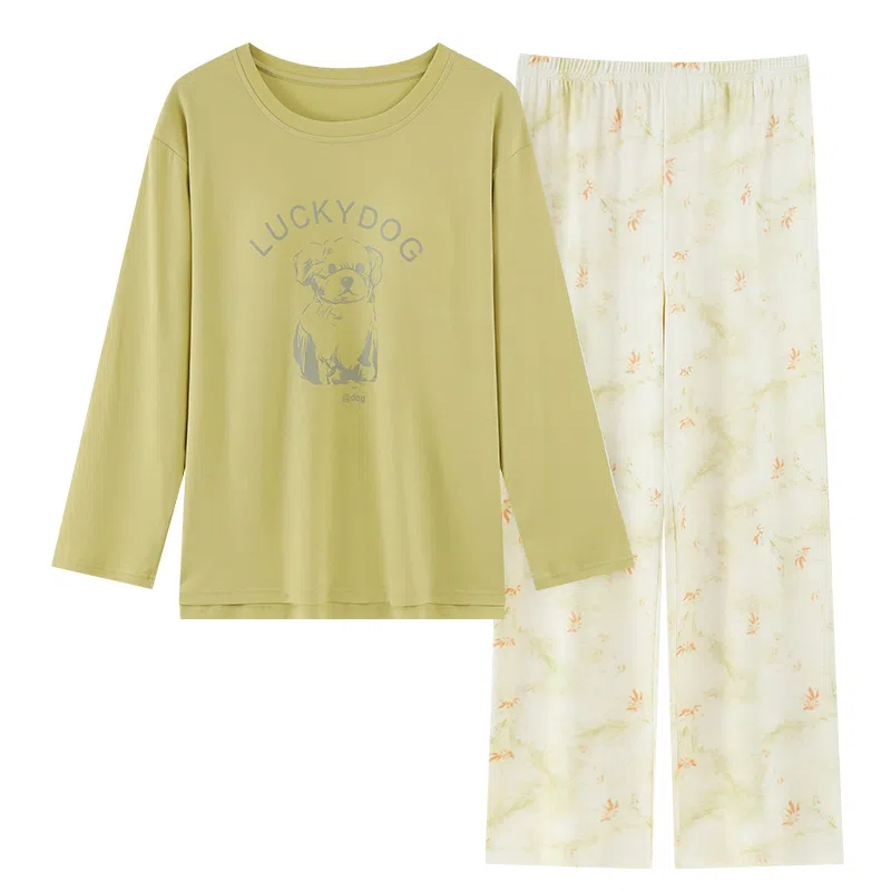 莫代尔 春秋季清新韩版个性纯棉圆领套头气质简洁长袖长裤家居服可外穿女士睡衣套装 女款