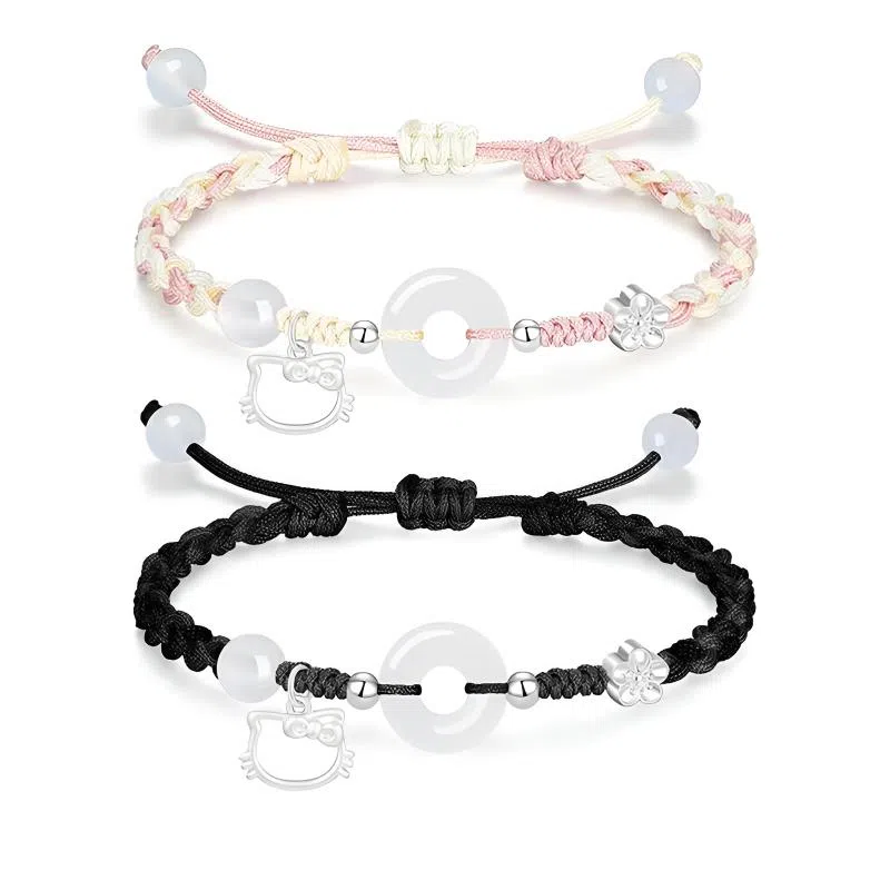 【足银999|招财猫咪】 岁月静好 萌趣灵动小猫卡通招桃花小众高级好运手饰约会惊喜甜蜜饰爱平安扣纳福一对可调节 琉璃 手绳 男女同款情侣款