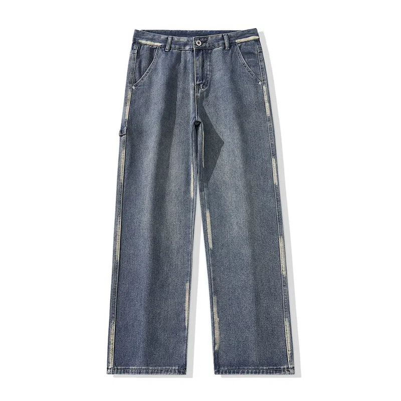 邦固依品 美式高街拼接设计感做复古长裤休闲宽松百搭日常通勤旅游舒适透气经典阔腿显高垂感直筒牛仔裤 男款