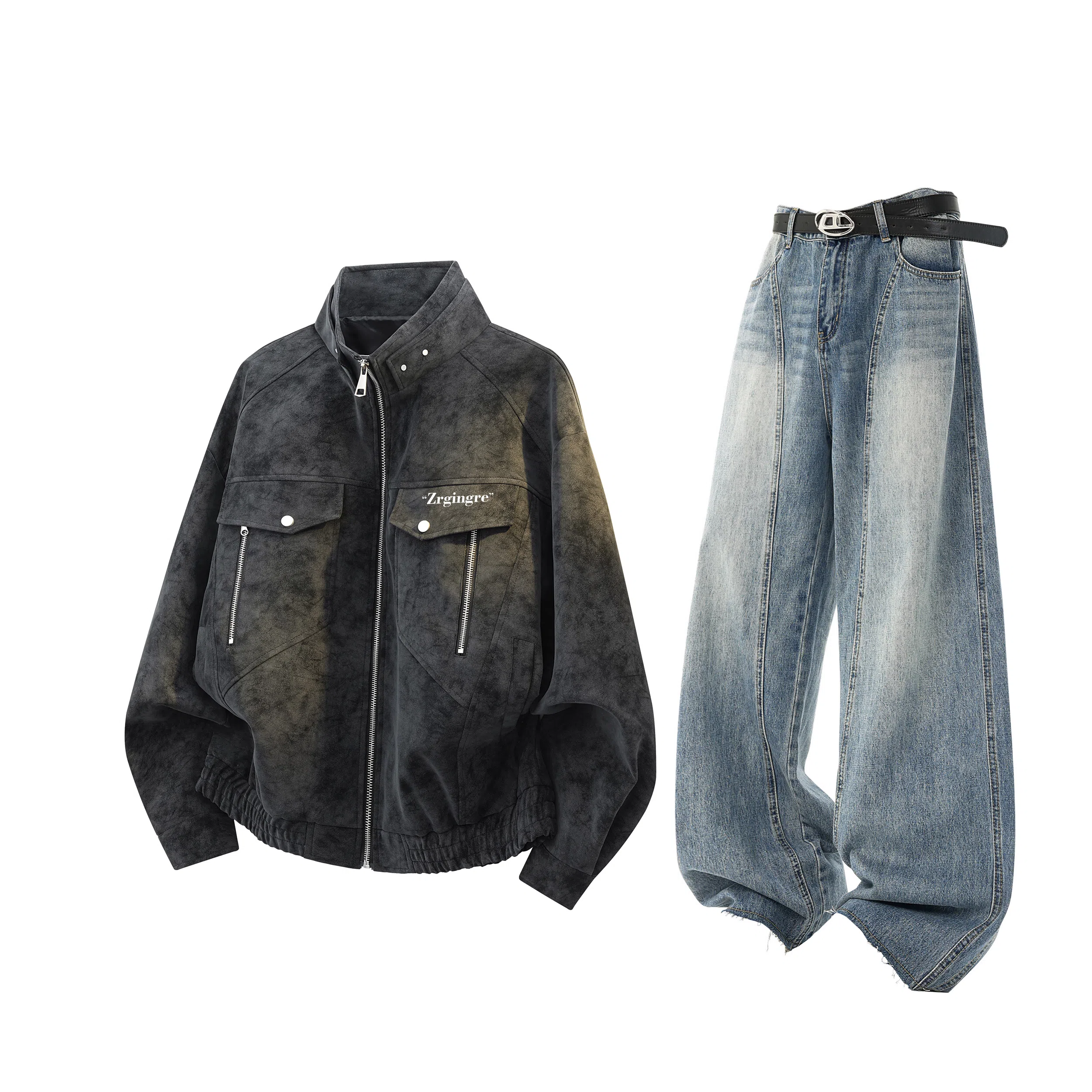 Zirunge Vintage Tie-Dye Leather Jacket Cleanfit Set