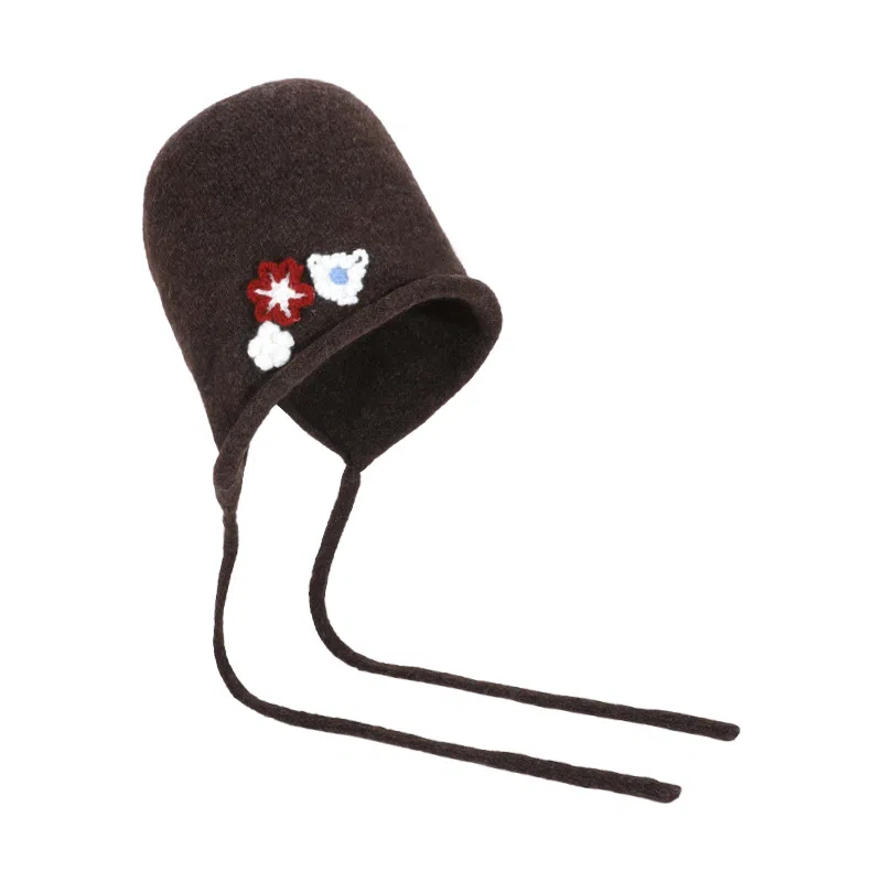 山一丸 秋冬韩版花朵针织包头帽百搭慵懒风套头显脸小系带护耳 腈纶 帽子 女款