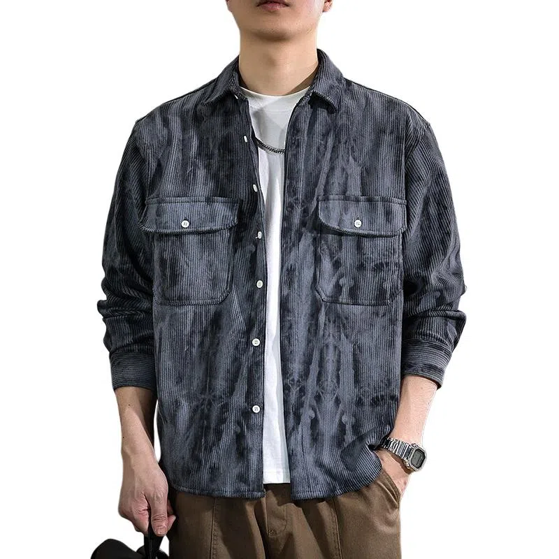 遨宇 美式复古潮牌印染水洗灯芯绒长袖宽松重磅休闲户外衬衫 男女同款