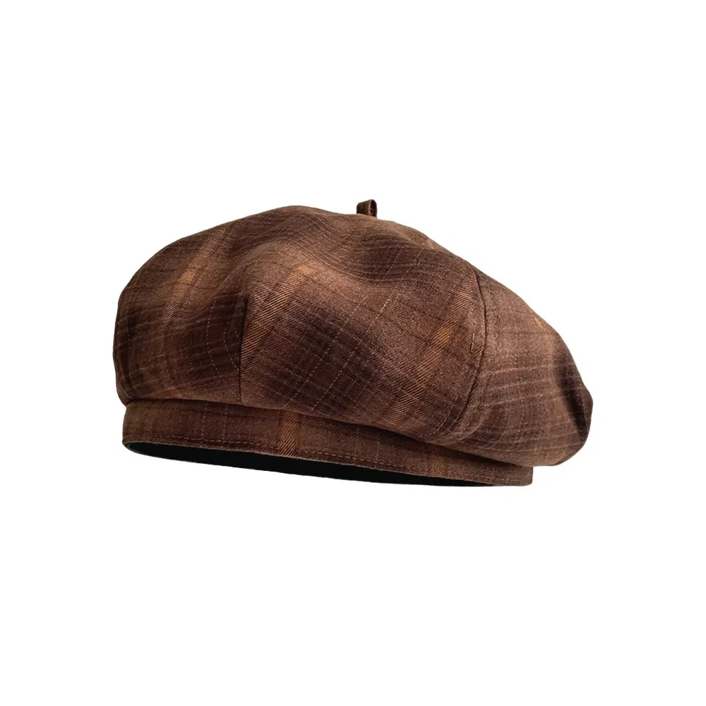 钓鱼熊 日系文艺格纹韩版时尚英伦复古画家帽百搭显脸小 聚酯纤维 贝雷帽 男女同款情侣款