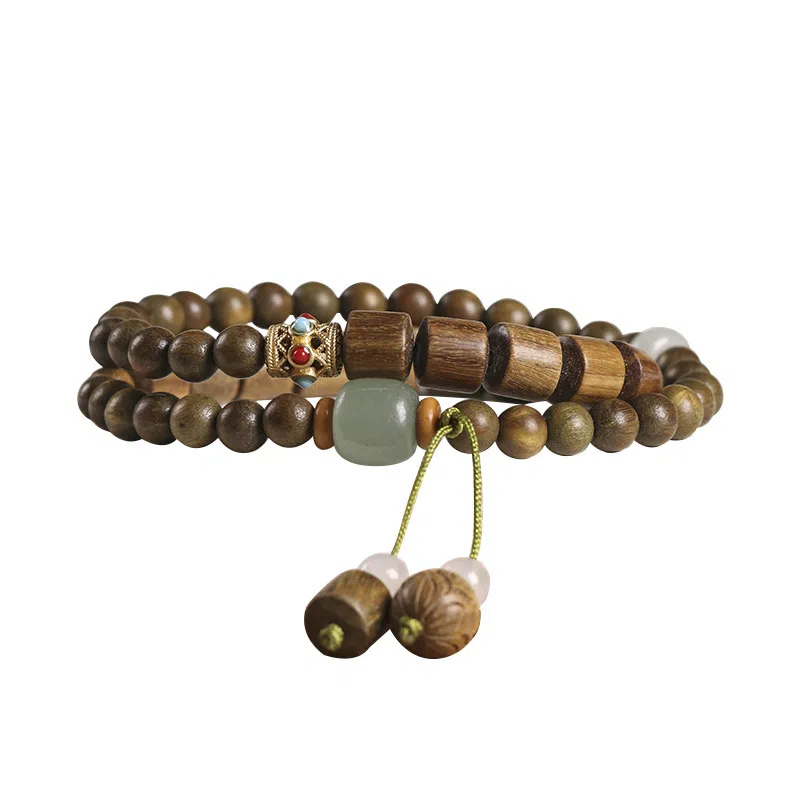 聆听花开 新中式复古国风简约小众转运双圈民族风国潮轻奢高级感精致优雅气质平安喜乐招财纳福 相濡以沫 绿檀 木作手串 男女同款情侣款