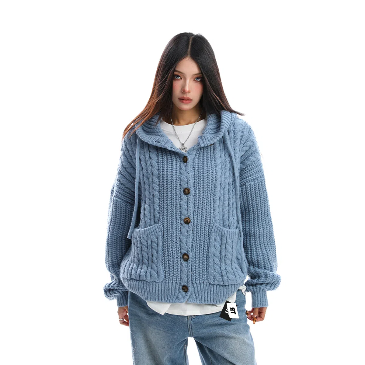 美式复古慵懒风秋冬宽松针织连帽开衫外套毛衣 男女同款