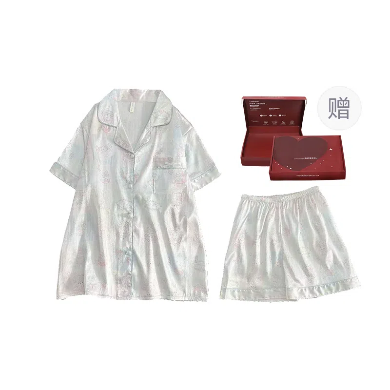 静英鸾 夏季女简约休闲舒适亲肤短袖短裤开衫翻领可外穿家居服睡衣礼盒 女款