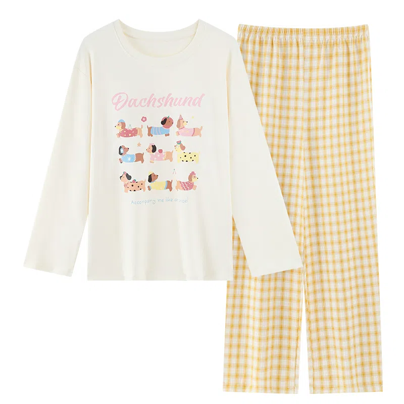 莫代尔 春秋季慵懒个性百搭纯棉圆领套头休闲简约长袖长裤家居服可外穿女士睡衣套装 女款