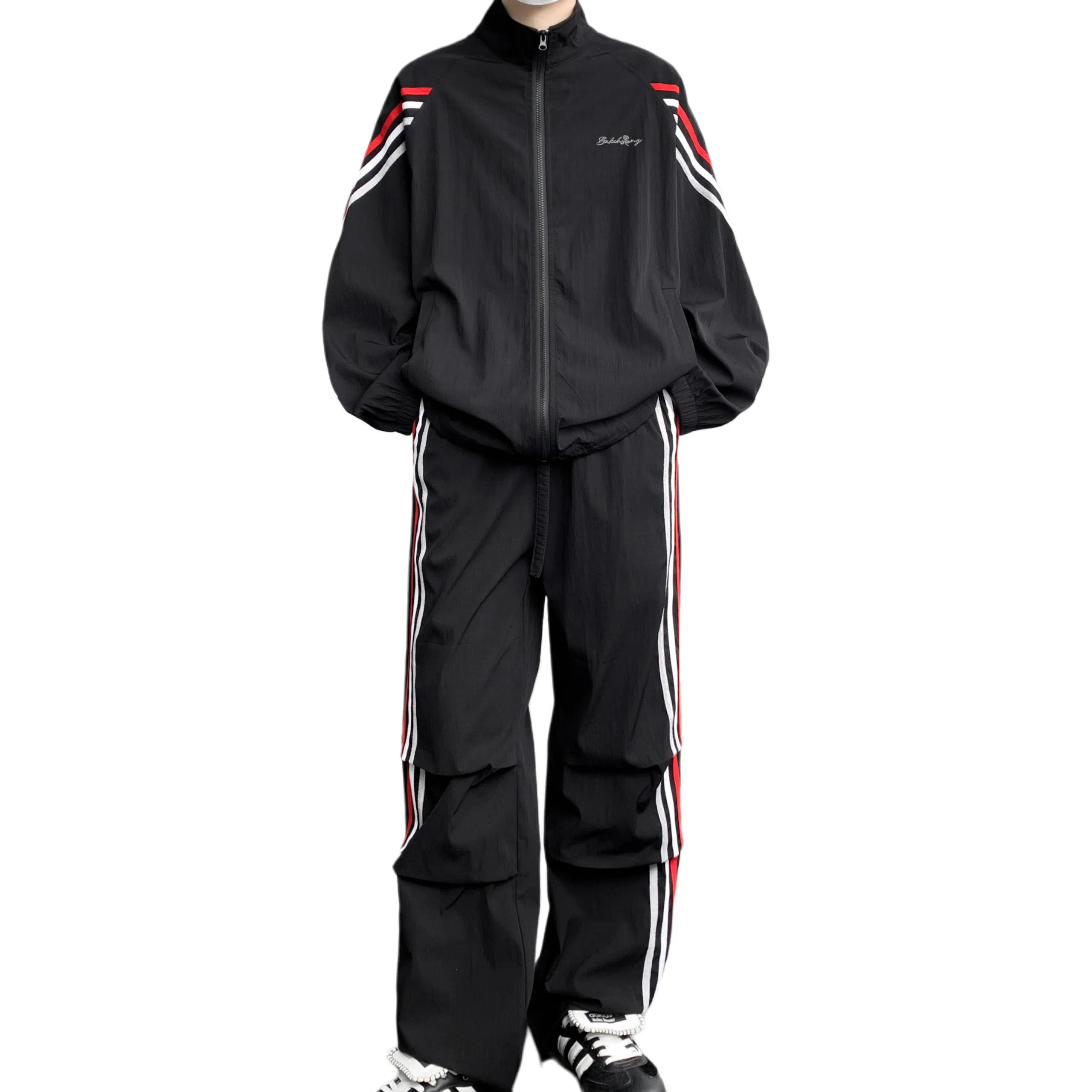 【美式高街三条杠免搭配一套】布客行 明线条纹拼接撞色复古港风舒适百搭日常户外防风防泼水开衫外套长裤子垂感休闲运动套装 男女同款