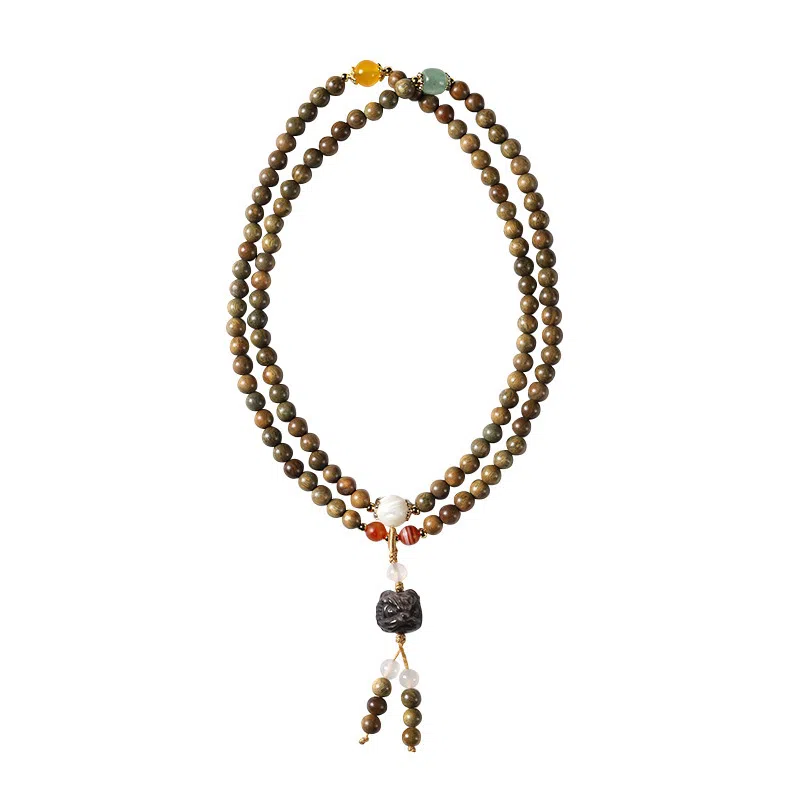 聆听花开 复古民族风小众高级感新中式国潮素雅禅意文玩佛珠多圈叠戴盘玩转运珠手饰品醒狮#好运 绿檀 手串 男女同款情侣款