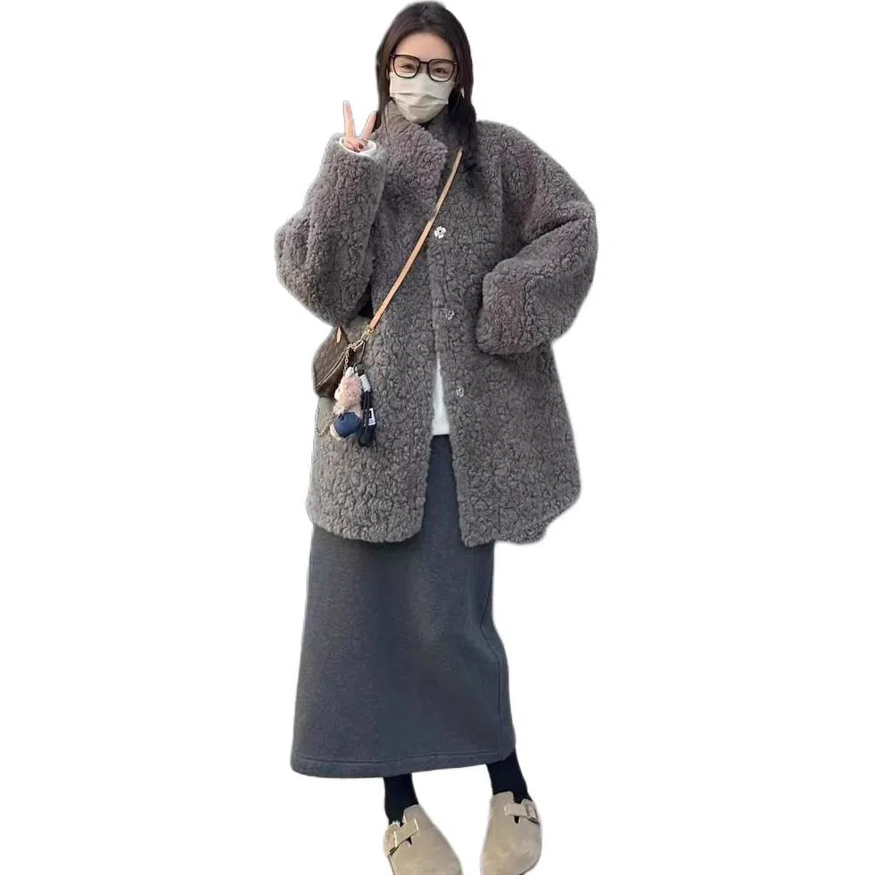 邓大喵 秋冬季慵懒感中长款仿皮毛一体外套女宽松环保毛上衣皮草 女款