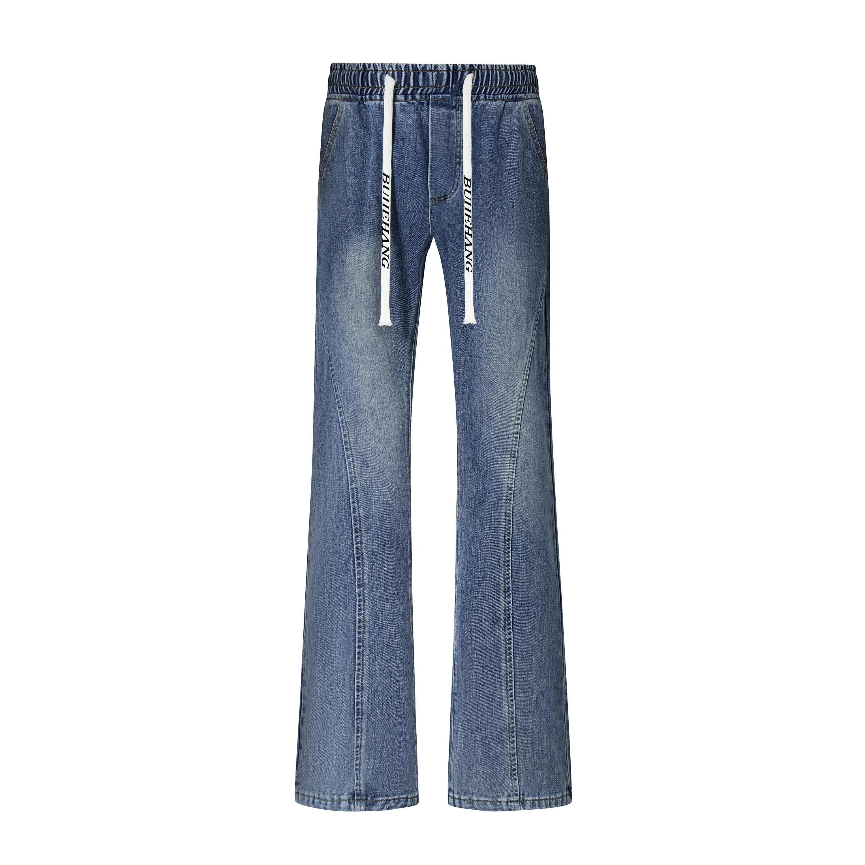 【拼接分割微喇版型】布客行 美式高街修身显高显瘦复古水洗做旧磨白亲肤柔软透气弹力松紧腰系带休闲百搭长裤子直筒阔腿牛仔裤 男女同款