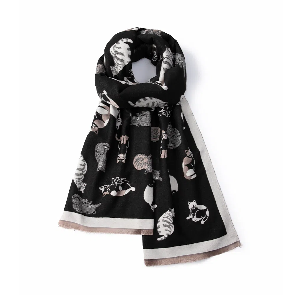 红豆 双面猫咪印花保暖外搭披肩 聚酯纤维 绒线围巾 男女同款情侣款