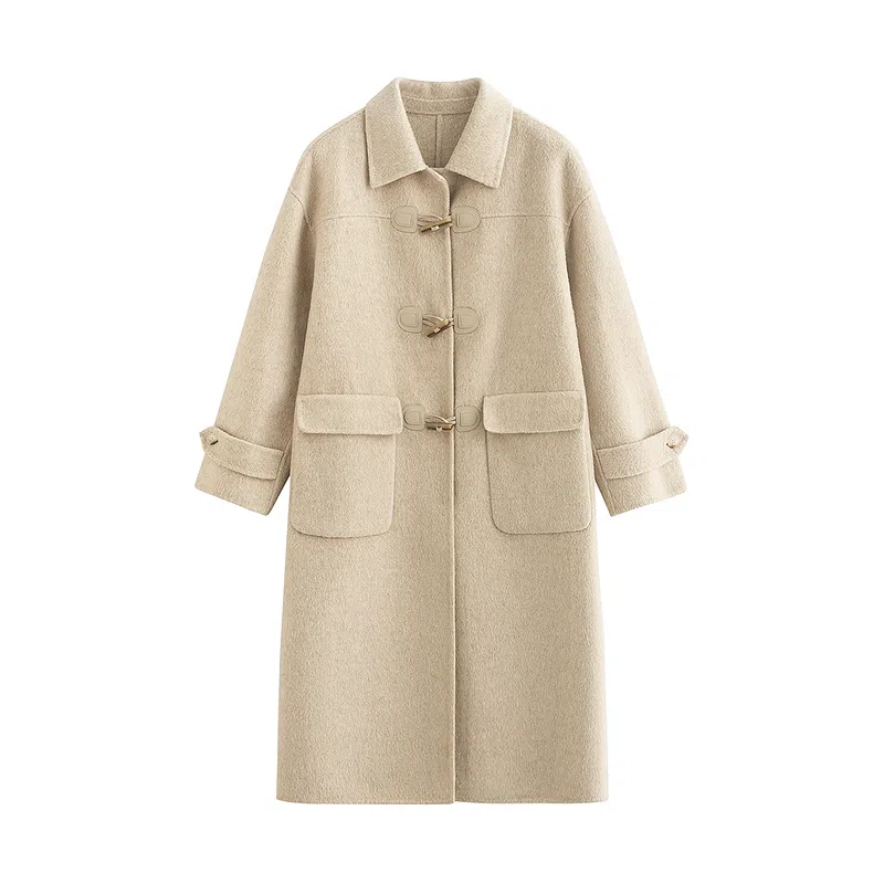 茵曼 羊驼毛蚕丝牛角扣长款双面呢大衣 女款
