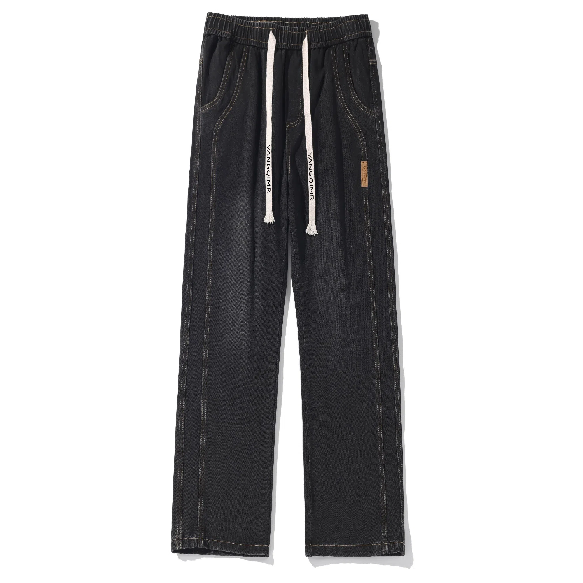 洋气先生 美式复古高街重工水洗做旧废土风阔腿直筒宽松垂感拖地抽绳系带松紧腰休闲百搭长款极简风基础款通勤牛仔裤 男女同款