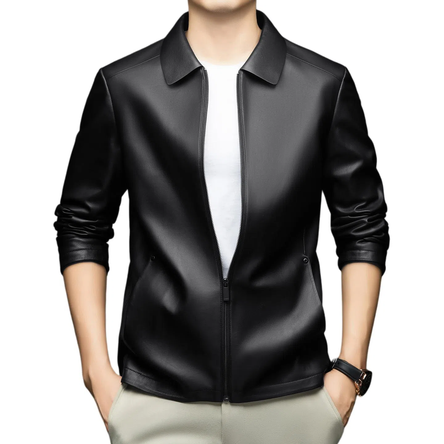 老爷车 商务简约翻领绵羊皮真皮皮衣 男款