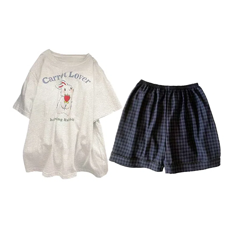 静英鸾 夏季女简约休闲卡通兔子图案短袖圆领家居服睡衣套装 女款
