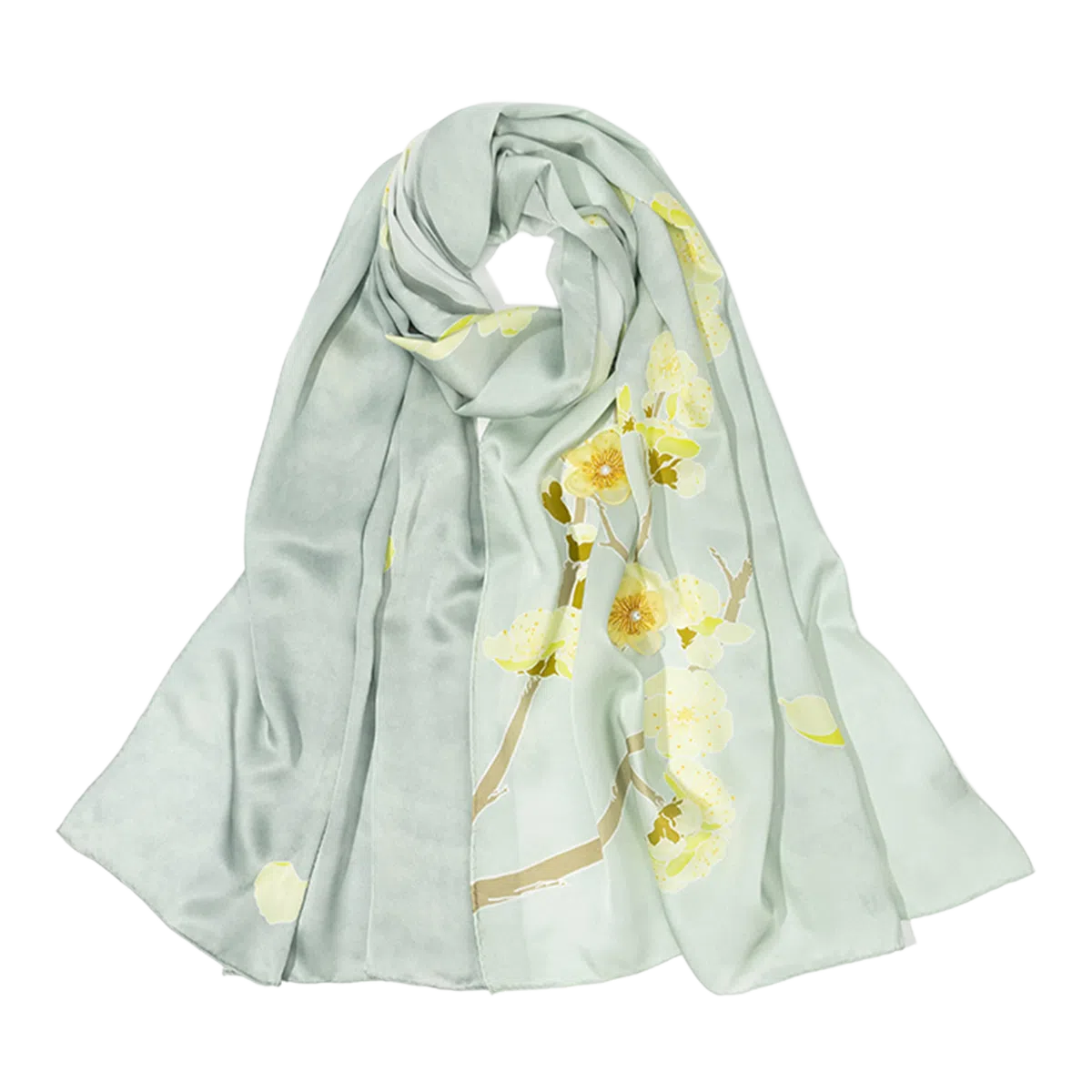 一米画纱 紫薇系列高级感立体花朵钉珠素绉缎旗袍外出中式印花 桑蚕丝 丝巾 女款