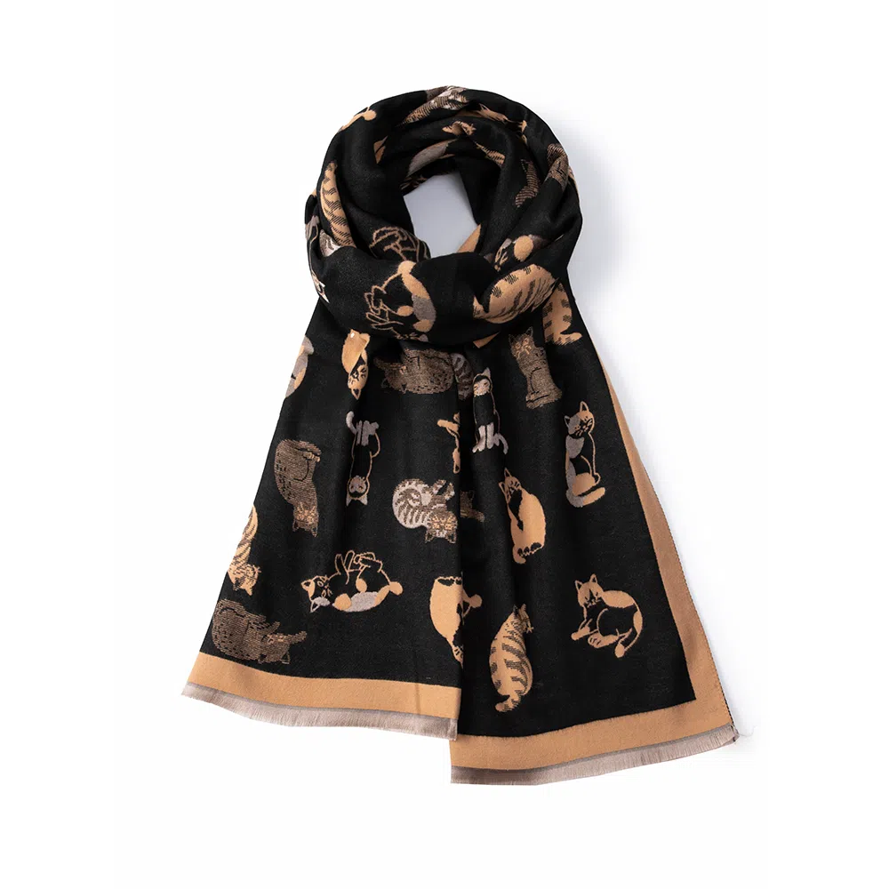 红豆 双面猫咪印花保暖外搭披肩 聚酯纤维 绒线围巾 男女同款情侣款