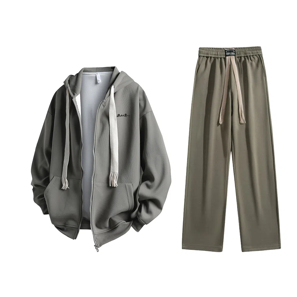 【懒人免搭配】布客行 重磅连帽纯色简约基础款春秋冬季一套开衫针织衫卫衣美式复古高街直筒中腰显高显瘦宽松百搭休闲运动套装 男女同款