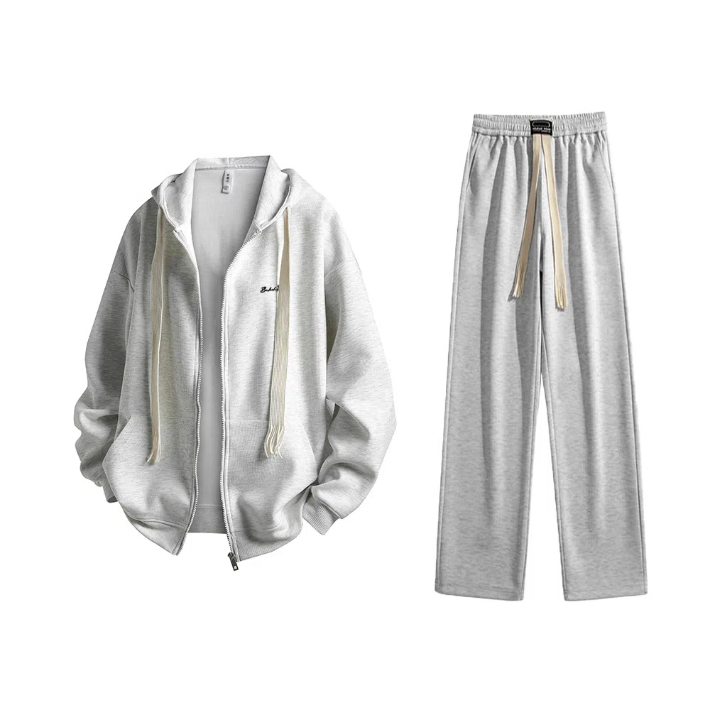 【懒人免搭配】布客行 重磅连帽纯色简约基础款春秋冬季一套开衫针织衫卫衣美式复古高街直筒中腰显高显瘦宽松百搭休闲运动套装 男女同款