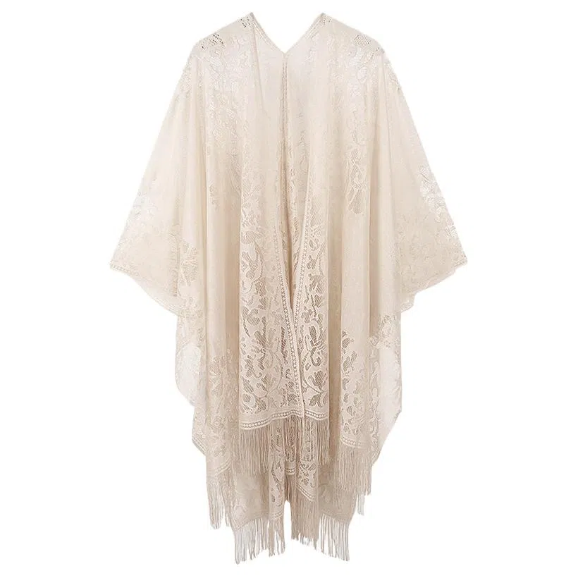 优幽兰 时尚百搭米色镂空流苏配旗袍披风外搭薄款超仙气质斗篷古风高级感开衫防晒衫 蕾丝 披肩 女款