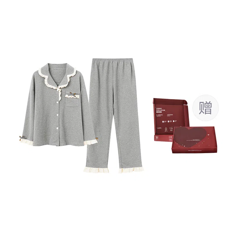 静英鸾 长袖开衫简约花边翻领家居服睡衣礼盒 女款