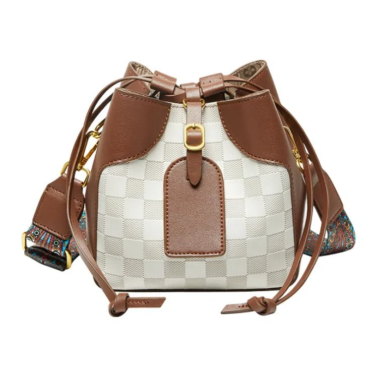 纳兰杜 大容量休闲简约设计抽绳开合 牛皮 水桶包手提单肩包 中号 女款 米白配棕