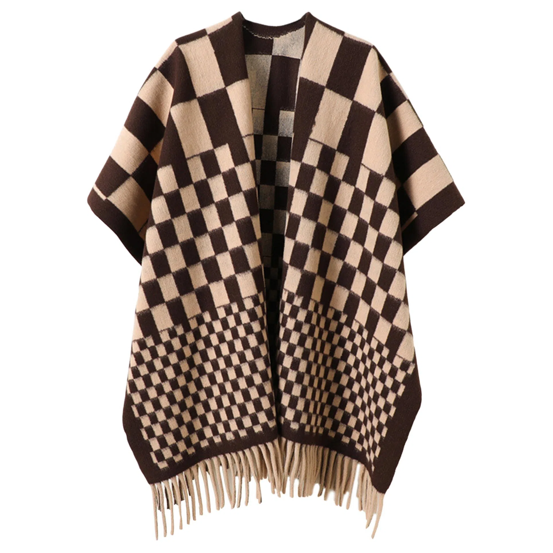 浪莎 时尚密码格纹双面仿羊绒秋冬季外搭高级感保暖流苏围巾斗蓬 聚酯纤维 披肩 女款