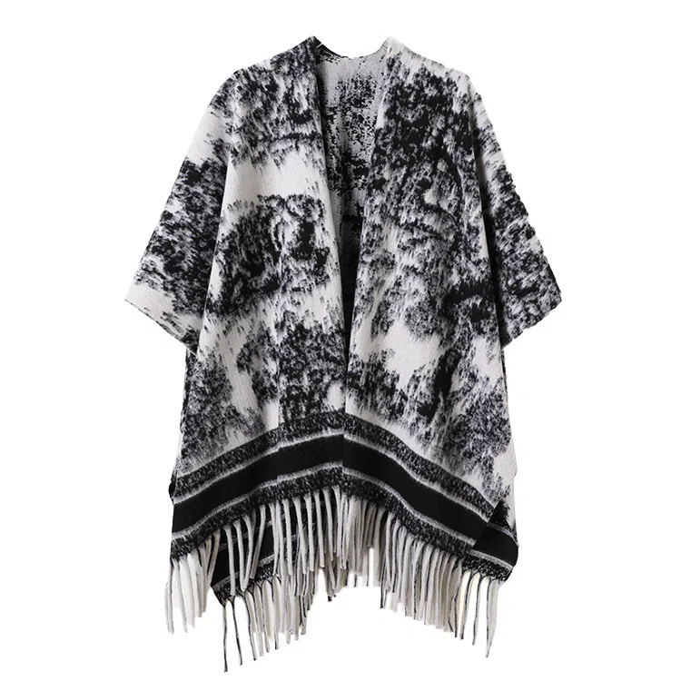 浪莎 复古名族风水墨画双面宽松流苏百搭保暖上衣外搭 聚酯纤维 披肩 女款