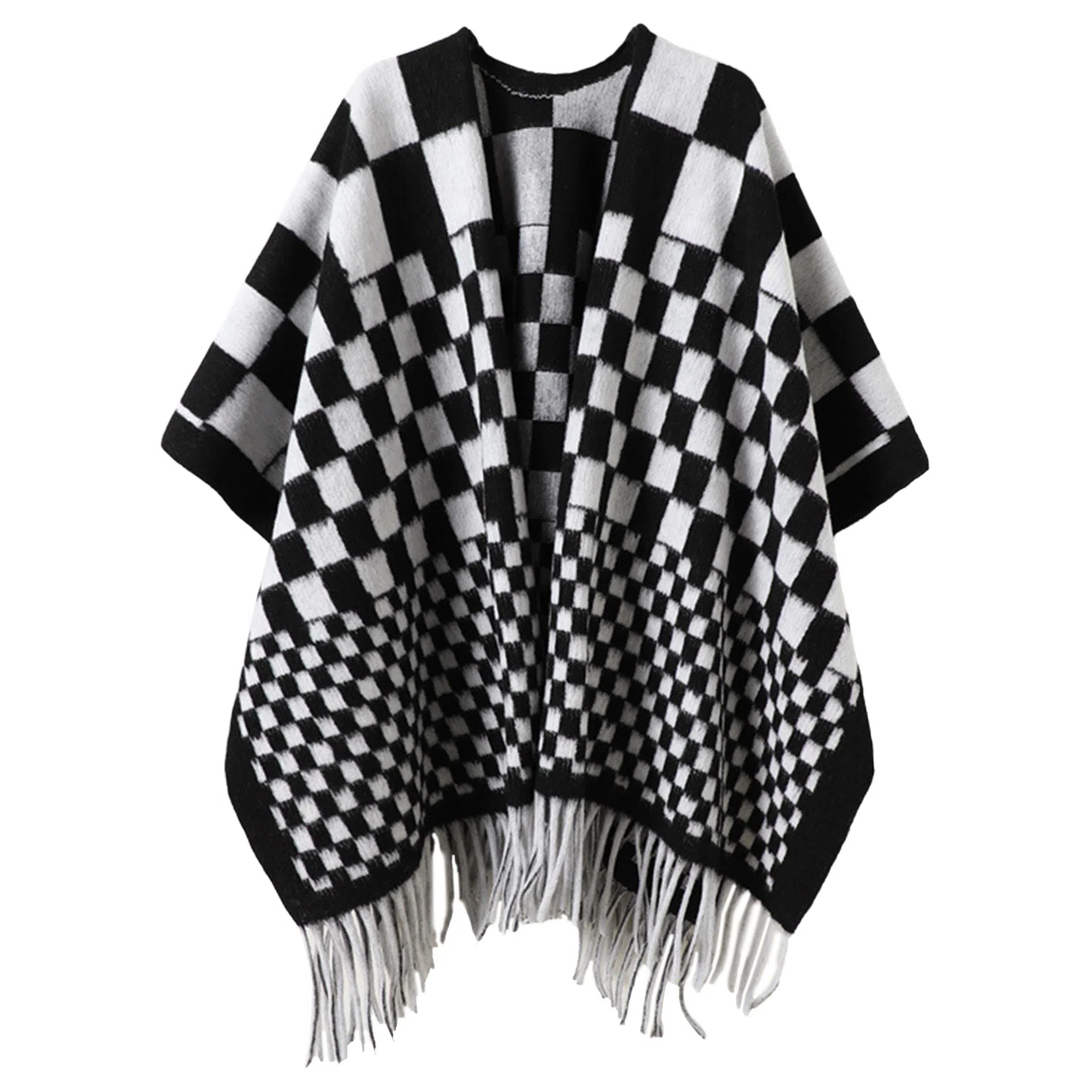 浪莎 时尚密码格纹双面仿羊绒秋冬季外搭高级感保暖流苏围巾斗蓬 聚酯纤维 披肩 女款