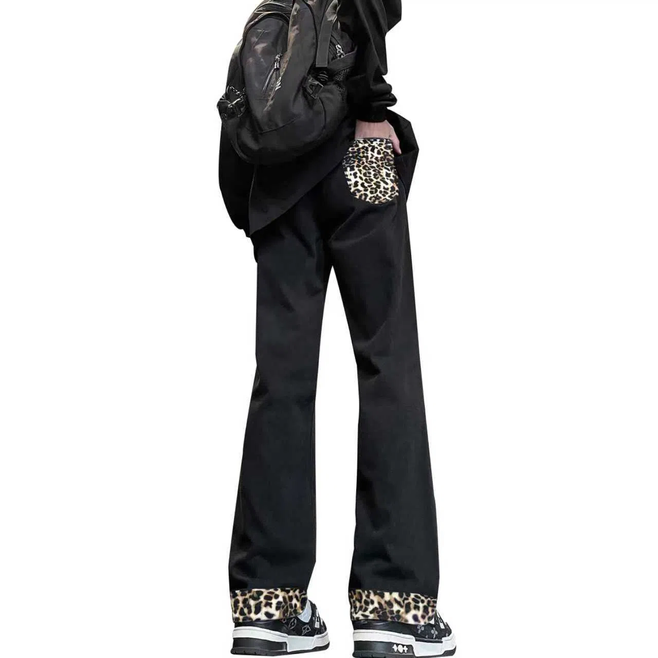 【豹富豹帅豹时尚】布客行 麂皮绒豹纹拼接美式复古高街垂感显高显瘦显腿长直筒弹力柔软舒适休闲百搭水洗做旧微喇阔腿牛仔裤 男女同款