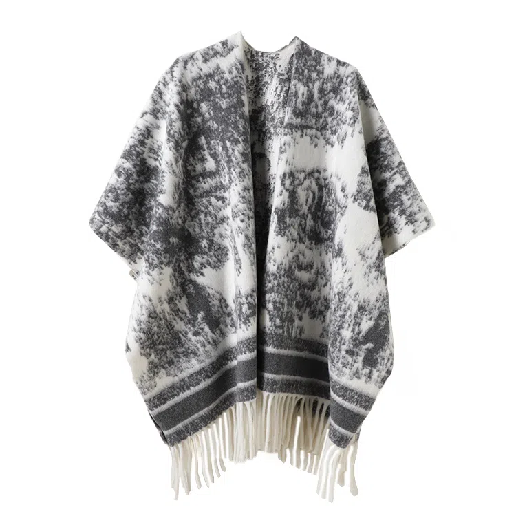 浪莎 复古名族风水墨画双面宽松流苏百搭保暖上衣外搭 聚酯纤维 披肩 女款