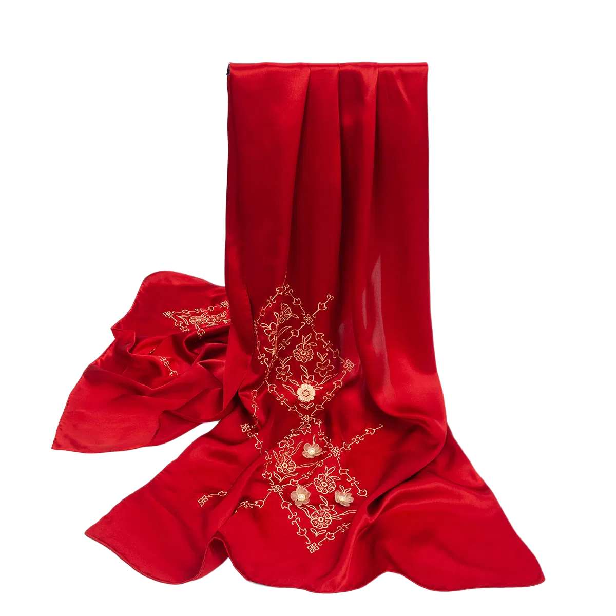 一米画纱 古典中式国风花朵精致优雅真丝刺绣素绉缎长巾丝韵系列 桑蚕丝 丝巾 女款