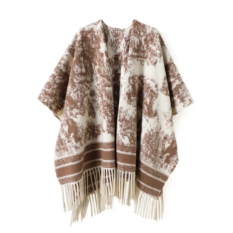 浪莎 复古名族风水墨画双面宽松流苏百搭保暖上衣外搭 聚酯纤维 披肩 女款