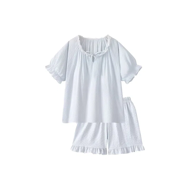 静英鸾 休闲舒适简约透气宽松圆领花边设计家居服睡衣套装 女款