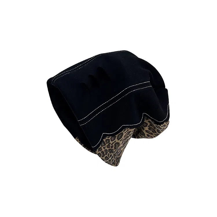 心水好物 日系小众设计高级感拼接豹纹辣妹堆堆帽复古百搭时尚显脸小 棉 帽子 女款