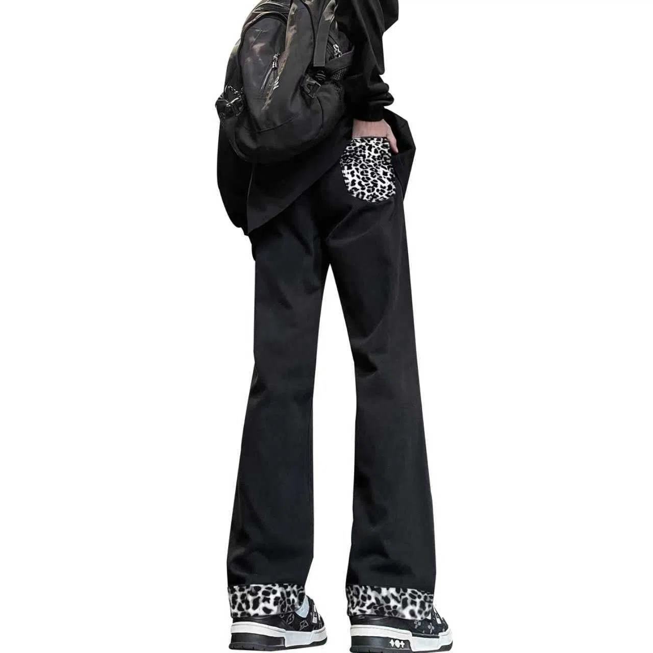 【豹富豹帅豹时尚】布客行 麂皮绒豹纹拼接美式复古高街垂感显高显瘦显腿长直筒弹力柔软舒适休闲百搭水洗做旧微喇阔腿牛仔裤 男女同款