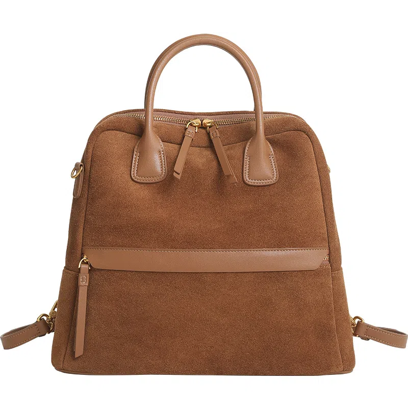 妙迪 早秋人气款秋冬美拉德复古品位牛皮品质独特背包 麂皮 双肩包 中号 女款 焦糖棕