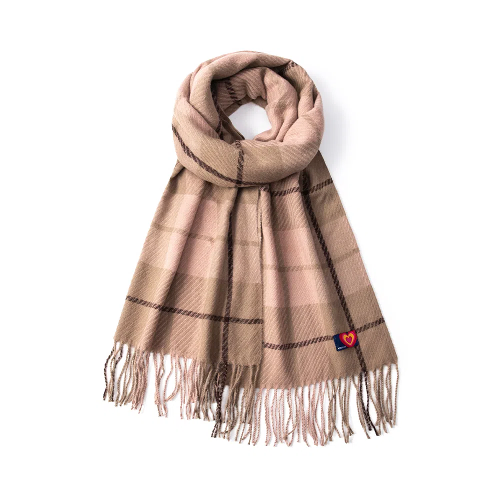 红豆 保暖外搭格子纹流苏 聚酯纤维 绒线围巾 男女同款情侣款